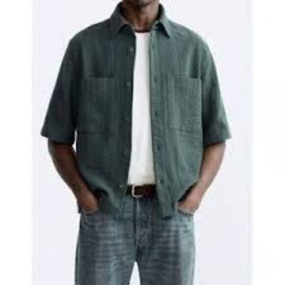 Zara Men’s Muted Teal Green Textured Short Sleeve Heavy Button-Up Shirt - Picture 3 of 5